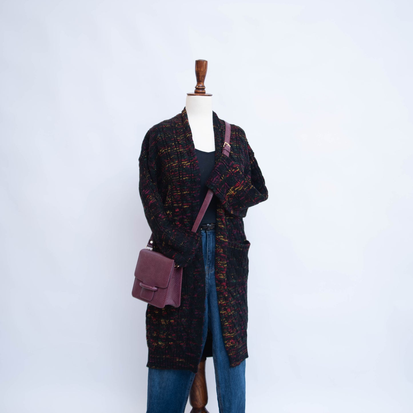 RIBBED OPEN MID LENGTH CARDIGAN WITH POCKETS (MULTI WITH BLACK)