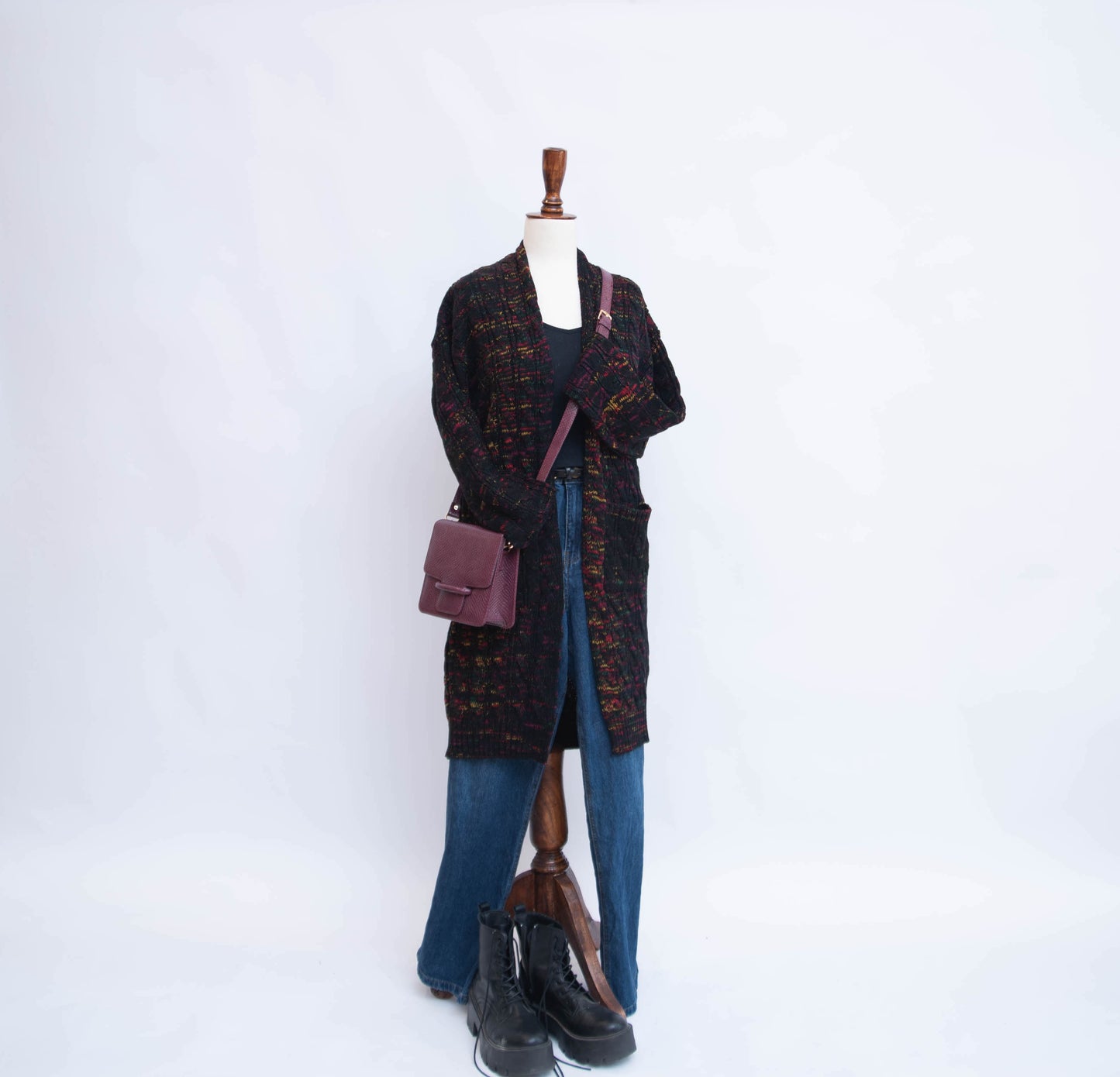 RIBBED OPEN MID LENGTH CARDIGAN WITH POCKETS (MULTI WITH BLACK)