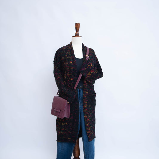 RIBBED OPEN MID LENGTH CARDIGAN WITH POCKETS (MULTI WITH BLACK)