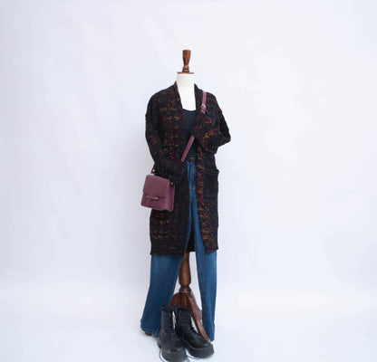 RIBBED OPEN MID LENGTH CARDIGAN WITH POCKETS (MULTI WITH BLACK)