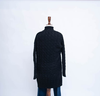 RIBBED OPEN MID LENGTH CARDIGAN WITH POCKETS (BLACK )