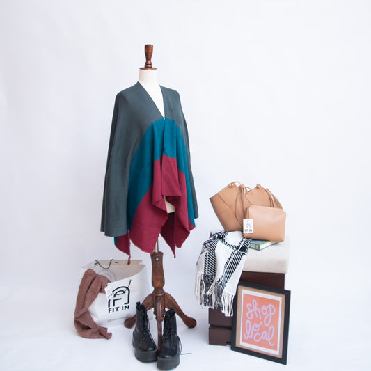 THREE TONE CAPE SHAWL GREY STONE